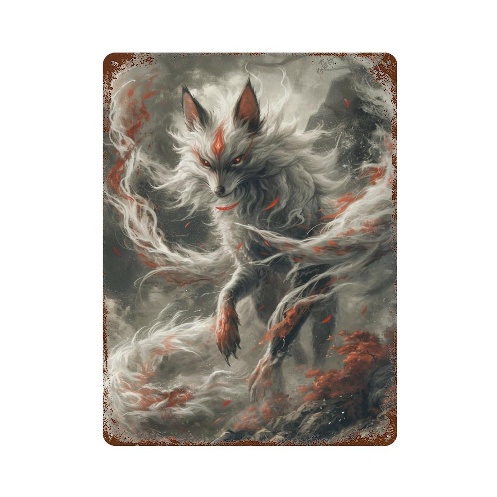 Rusty Metal Tin Sign Fox Spirit Mystical Artwork 15.7"x11.8", Rustic Home Decor for Shed, Workshop And Garage Wall Decor
