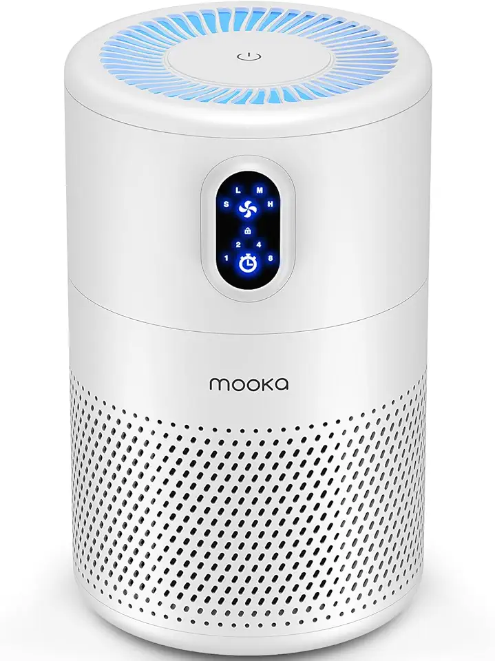 MOOKA Purificadores de ar para casa grande sala de até 1076 ft², limpador de filtro de ar HEPA verdadeiro H13, eliminador de odores, remover poeira de fumaça pólen pêlen, luz noturna, B-D02L branco