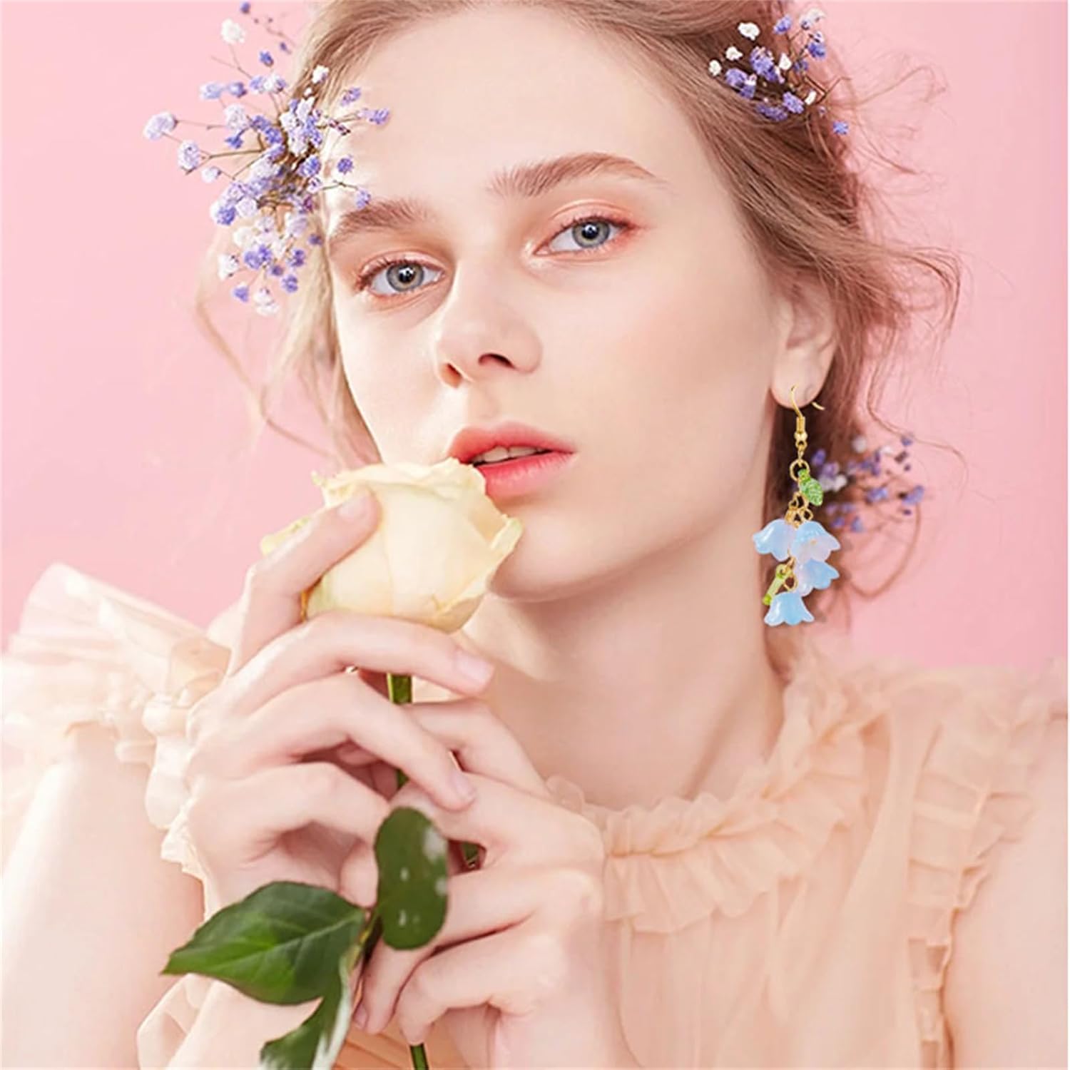 Dreuyet Y2K Lily of the Valley Earring Necklaces Set for Women Dainty Colorful Love Bead String Tassel Chain Necklace Sweet Valley Rose Flower Leaf Dangle Drop Earrings Bride Wedding Spring Summer Jewelry - Image 2