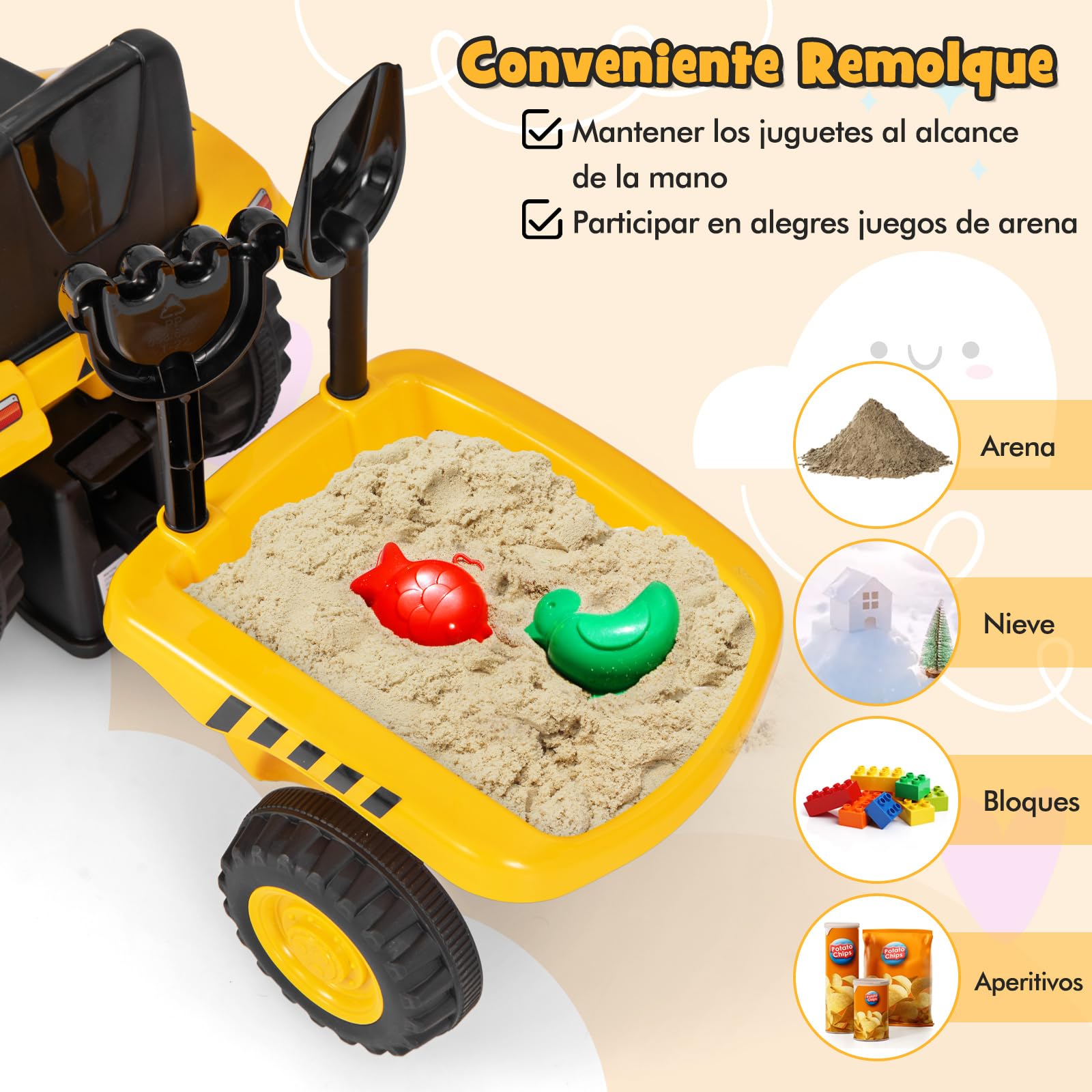COSTWAY Tractor Juguete Caterpillar con Remolque Desmontable, Pala, Rastrillo, Bocina, Sonido del Motor, Luces LED y 6 Ruedas, Tractor para Niños de 18-36 Meses