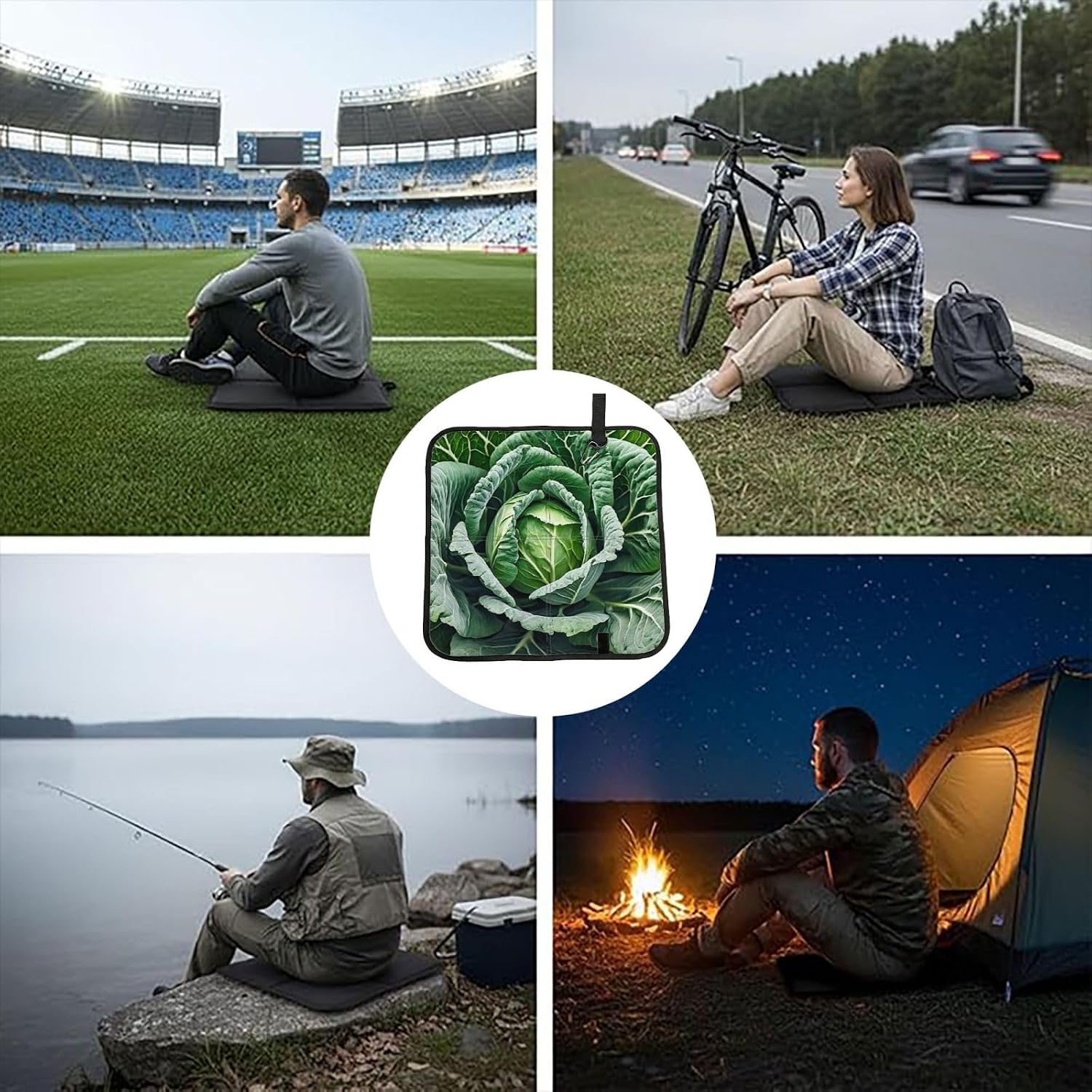 (Bright Cabbage) Sitting Pad Foldable Seat Cushion Lightweight Camping Seat Mat with Hook for Outdoor Hiking Picnic Camping