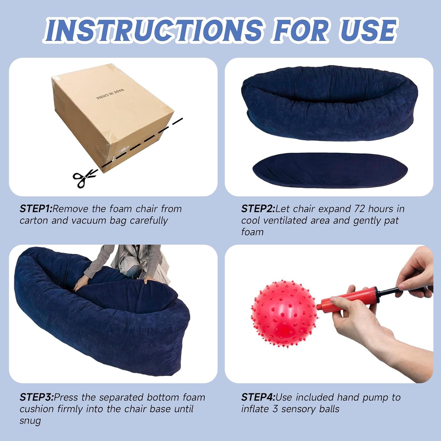 Sensory Chair for Autistic Children - Foam Peapod Sensory Canoe with Non-Slip Base, Soft Cover Machine Washable, Calming Cocoon for Kids(Navy Blue)