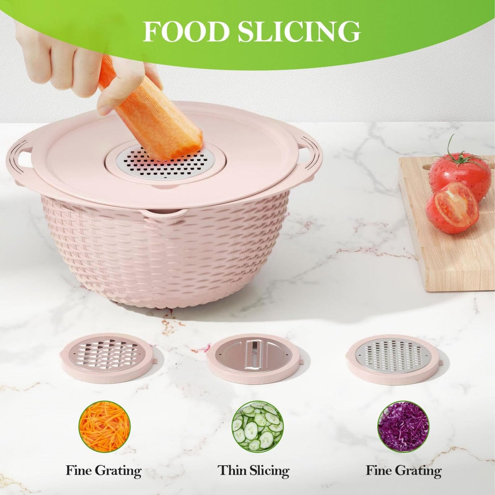 Colador 4 en 1 con juego de tazones para mezclar, coladores de alimentos y coladores para cocina, colador giratorio para pasta y arroz, colador de cocina con rebanador de