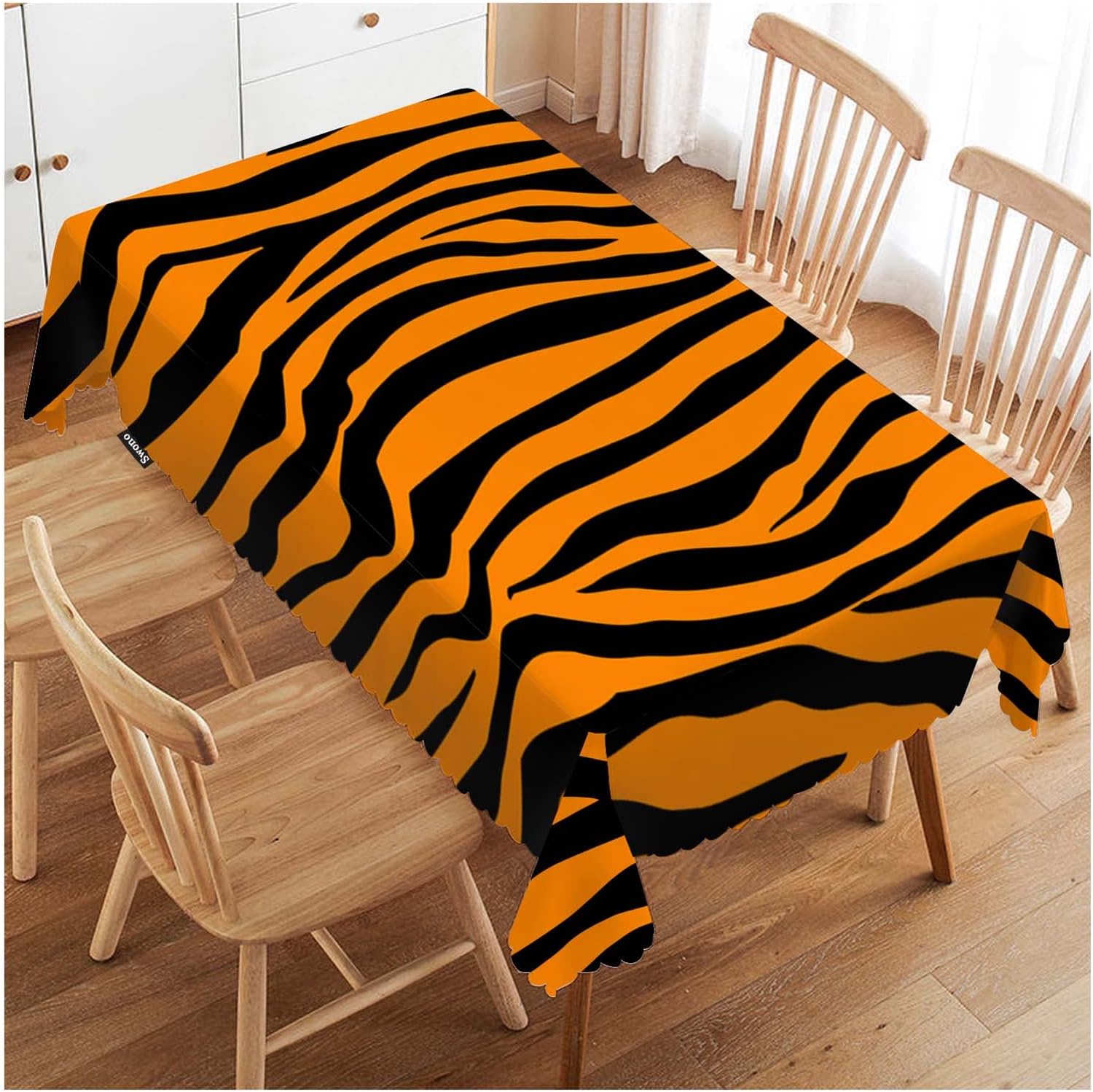 Swono Tiger Print Tablecloth African Animal Tiger Skin Orange Black Stripe Decorative Table Cover for Kitchen, Party Banquet and Holiday Tablecloth, 52x70 Inch(4-6 Seats)