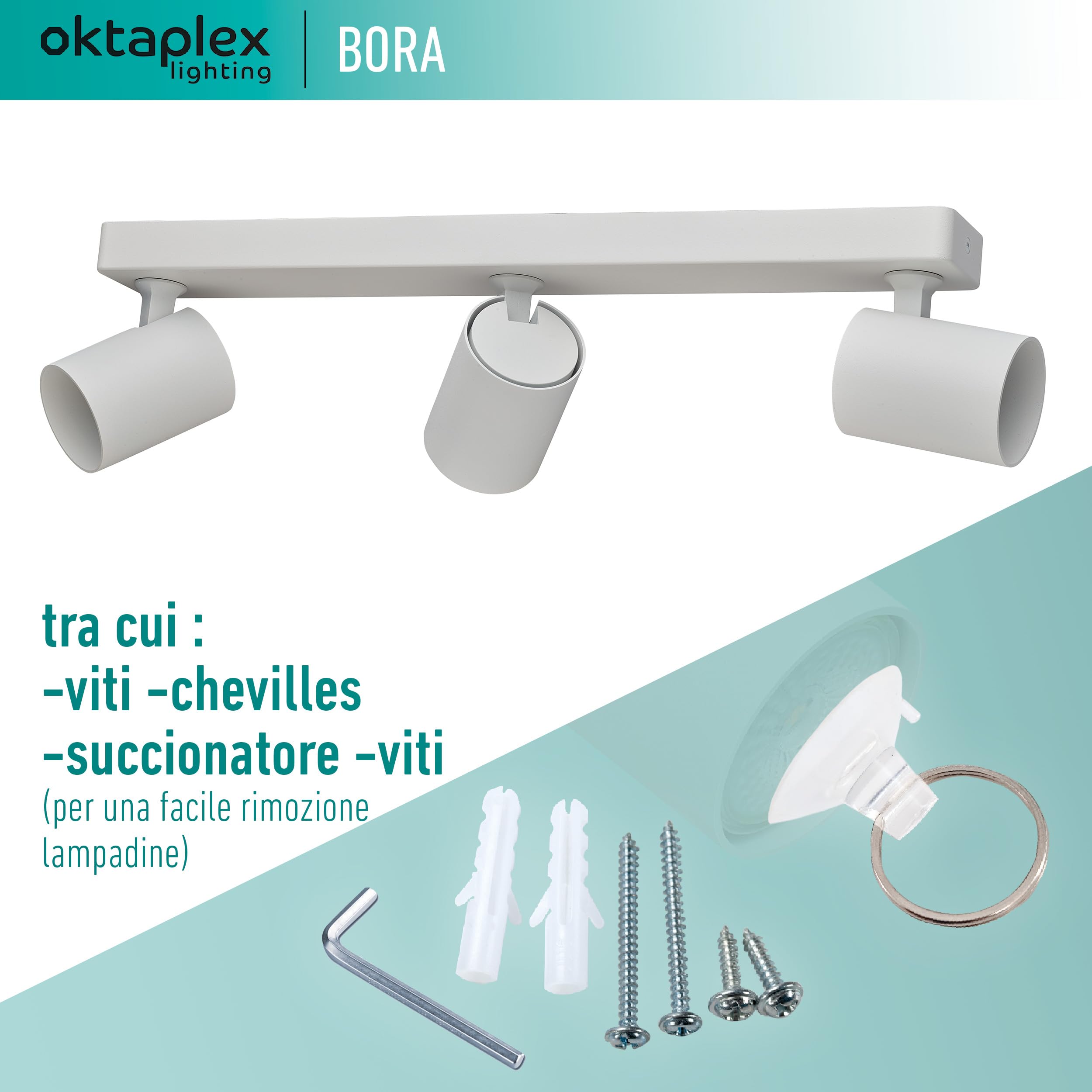Oktaplex Bora faretto da soffitto 3 fiamme GU10 LED barra spot 45 cm 230 V luce spot orientabile Faretti da Parete bianco