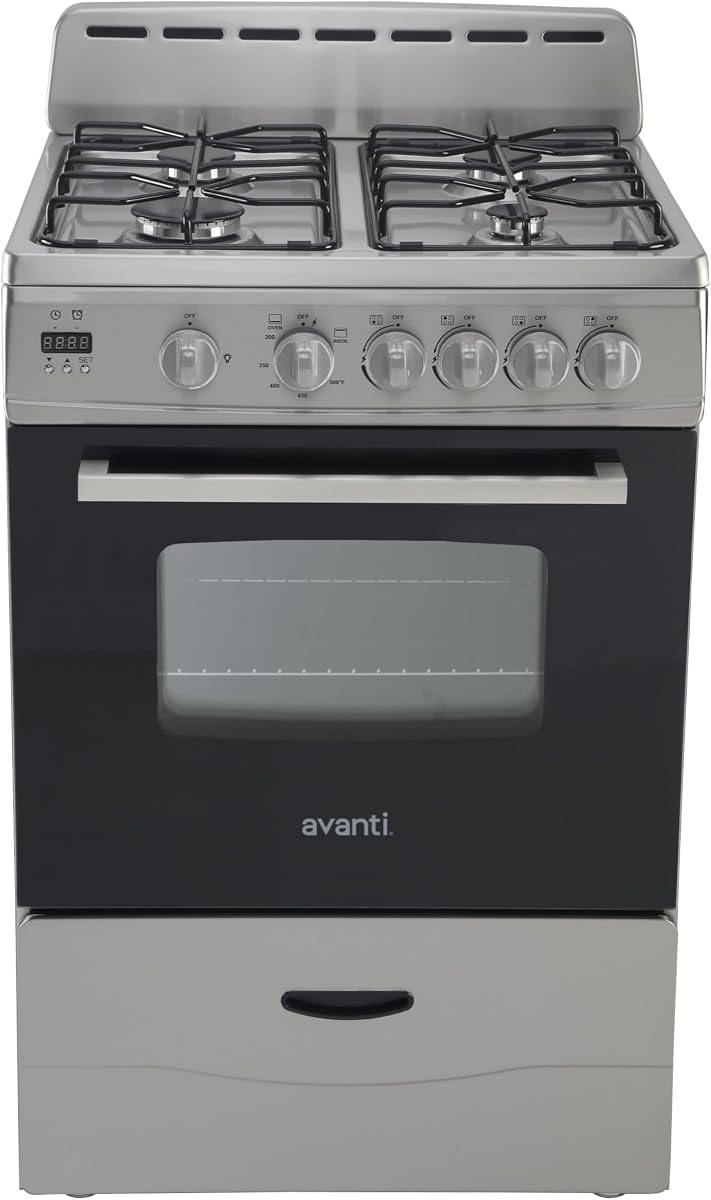 Avanti Compact Gas Range Oven 24-Inch with 4 Sealed Burners Automatic Electronic Ignition Large 2.6 cu.ft. Oven Storage Drawer Glass Door and Oven Light, in Stainless Steel