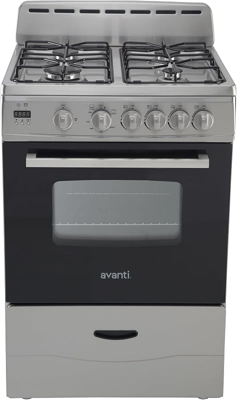 Avanti Compact Gas Range Oven 24-Inch with 4 Sealed Burners Automatic Electronic Ignition Large 2.6 cu.ft. Oven Storage Drawer Glass Door and Oven Light, in Stainless Steel