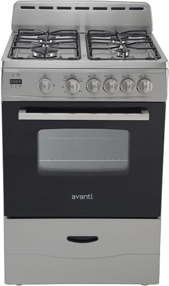 Avanti Compact Gas Range Oven 24-Inch with 4 Sealed Burners Automatic Electronic Ignition Large 2.6 cu.ft. Oven Storage Drawer Glass Door and Oven Light, in Stainless Steel