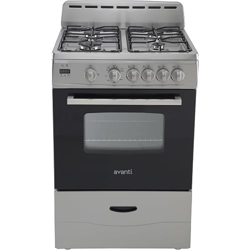 Avanti Compact Gas Range Oven 24-Inch with 4 Sealed Burners Automatic Electronic Ignition Large 2.6 cu.ft. Oven Storage Drawer Glass Door and Oven Light, in Stainless Steel