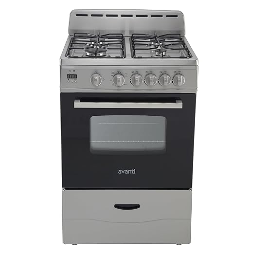 Avanti Compact Gas Range Oven 24-Inch with 4 Sealed Burners Automatic Electronic Ignition Large 2.6 cu.ft. Oven Storage Drawer Glass Door and Oven Light, in Stainless Steel