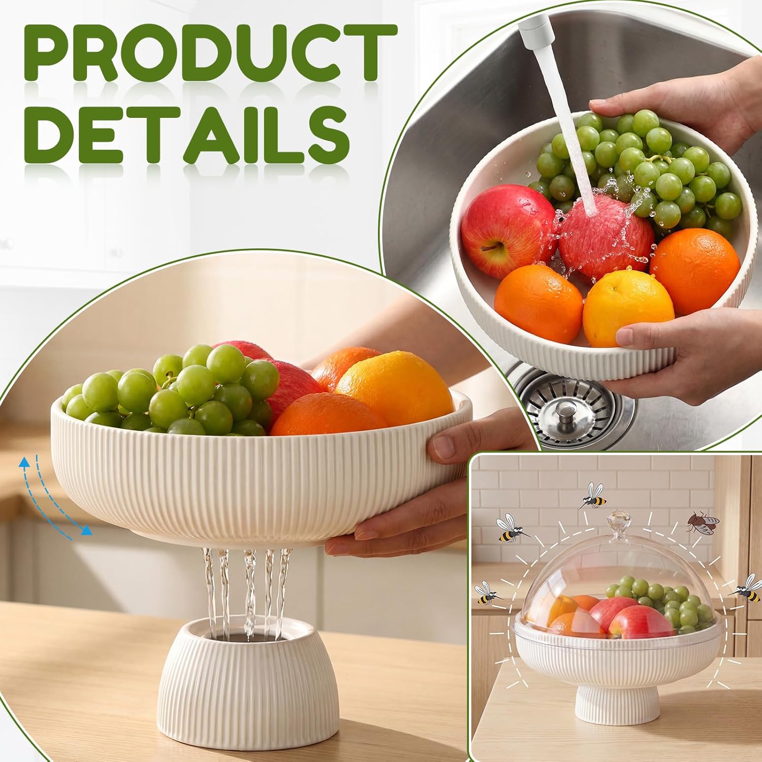 Hushee Ceramic Fruit Bowl with Lid 10" Large Fruit Basket with Draining Holes and Multifunctional Removable Pedestal Fruits Holder for Kitchen Counter Dining Table Decorations Food Vegetable Storage