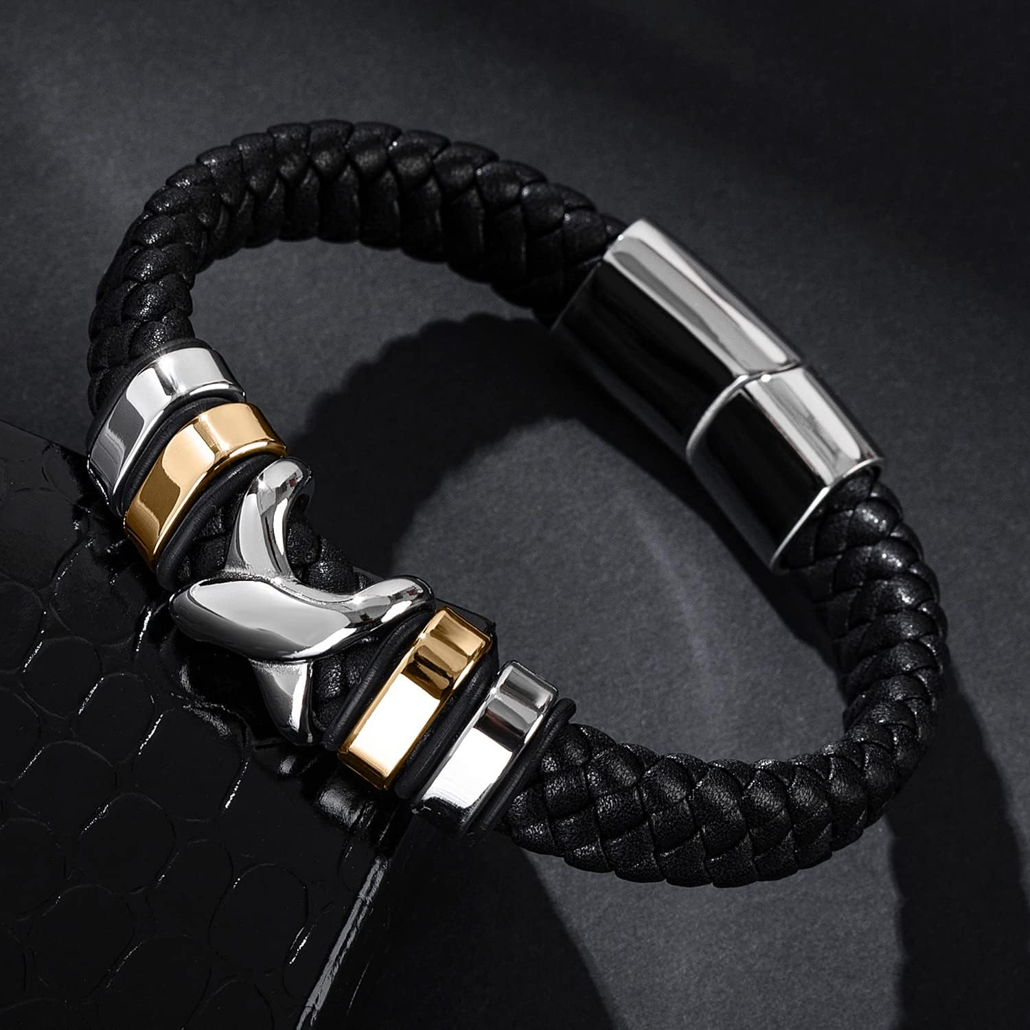 Leather Bracelet for Men Braided Cuff Wristband Stainless Steel Clasp in Silver and Gold Jewellery Gift - Image 2