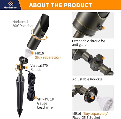 Miniatura 6 de Gardenreet Iluminación de paisaje de latón  Focos de bajo voltaje para exteriores, luces LED de 12 V con cable, luces de punto impermeables, bronce