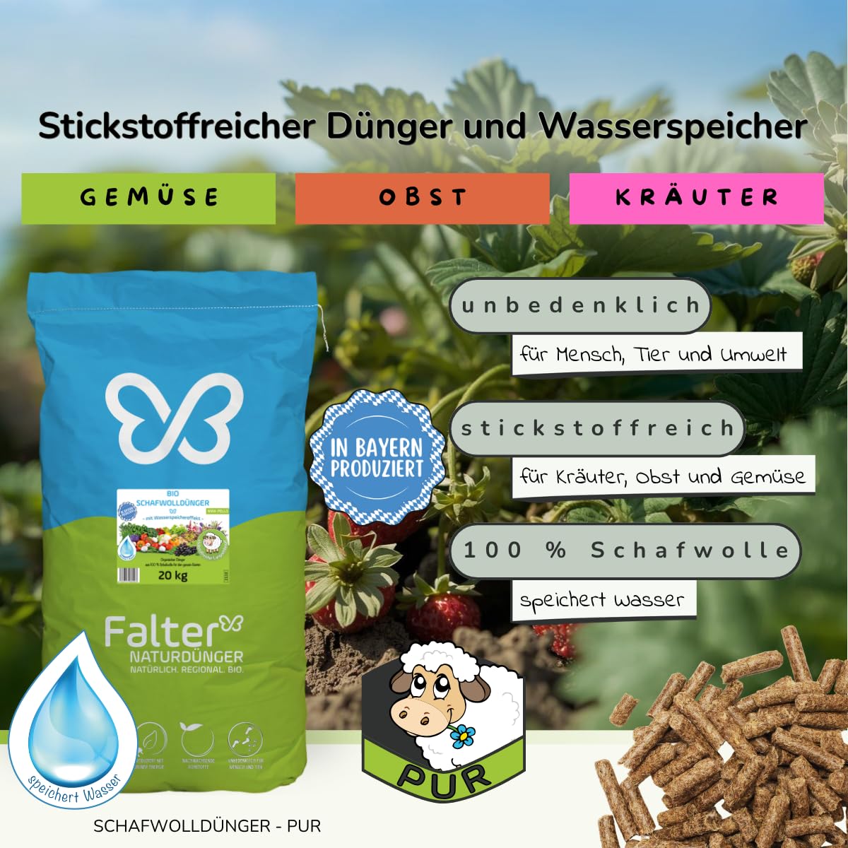 Falter BIO Schafwolldünger Mini-Pells 20 kg | Schafwollpellets pur | Mini-Pells aus 100 % Schafwolle für Gemüse, Obst, Kräuter und Blumen