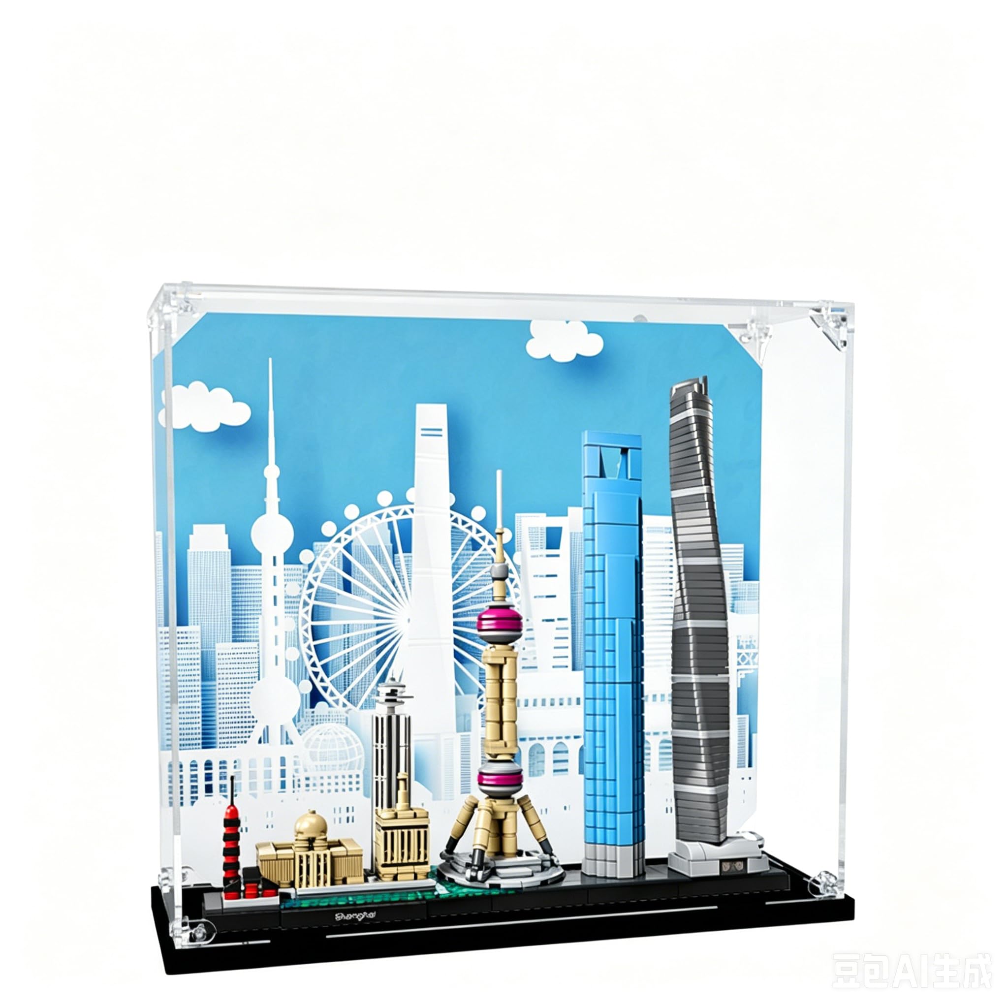 Kompatybilny z LE*GO 21039 Shanghai Skyline - przezroczysta akrylowa gablota / ochrona przed kurzem (model nie jest dołączony) (czarny - 2 mm)
