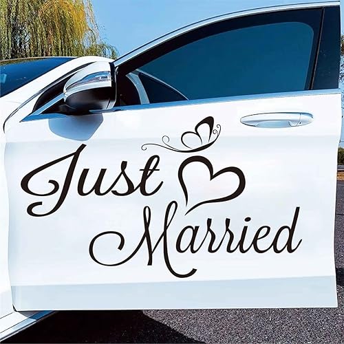 Just Married - Adhesivos de vinilo para decoración de boda, impermeable, para luna de miel, decoración extraíble para ventana, ZA107 (negro)