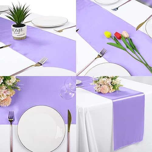 Miniatura 5 de Paquete de 10 caminos de mesa de satén de alta calidad lavanda de 12 x 108 pulgadas de largo para bodas, decoraciones para fiestas de cumpleaños,