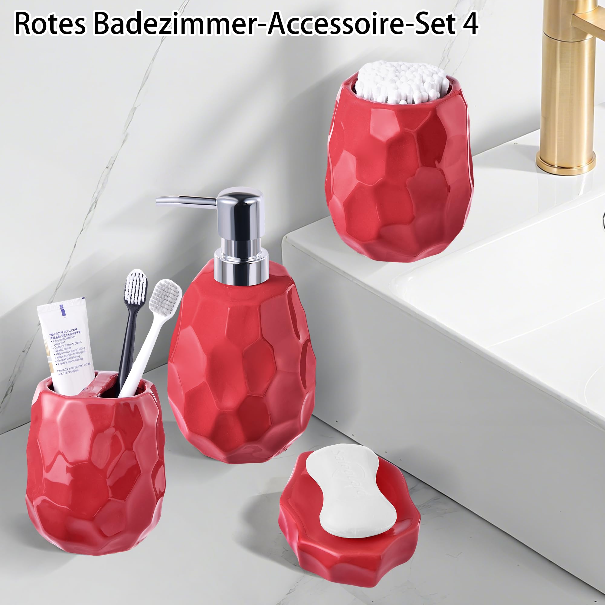 Set di accessori da bagno, set di 4 accessori da bagno, dispenser di sapone per lozione, portasapone, porta spazzolino, bicchiere per spazzolini, organizer da bagno per bagno moderno (rosso)