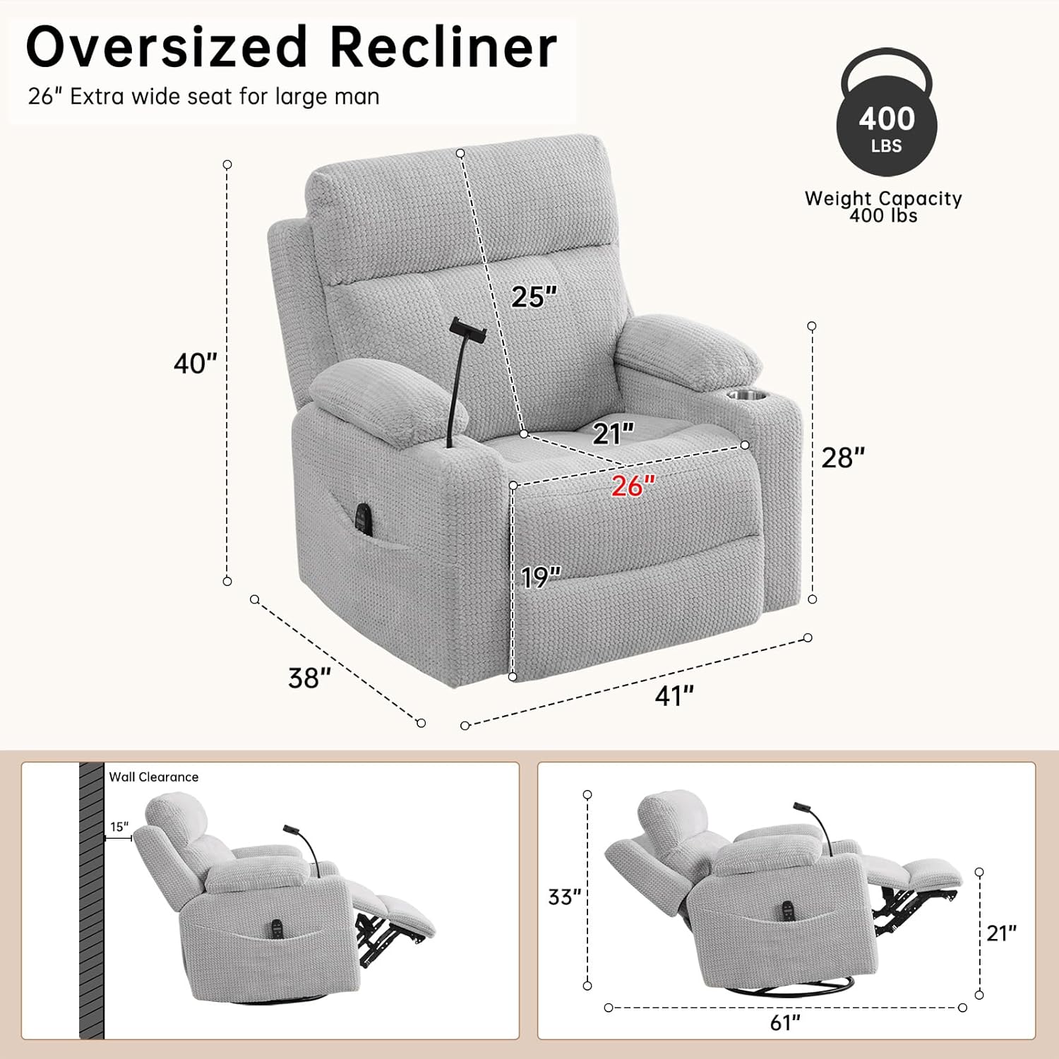 Dual Motor Power Swivel Rocker Recliner with Adjustable Headrest for Adults,Power Glider Rocking Recliner with Massage & Heat,Oversized Glider Recliner Nursery Chair with USB &Type-C Ports,Grey