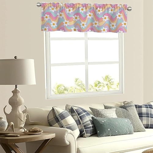 Miniatura 7 de Cortinas de cenefa para ventanas, cenefa de cortina semitransparente con estampado de flores hippie y ondas de arco iris, cenefa de ventana de