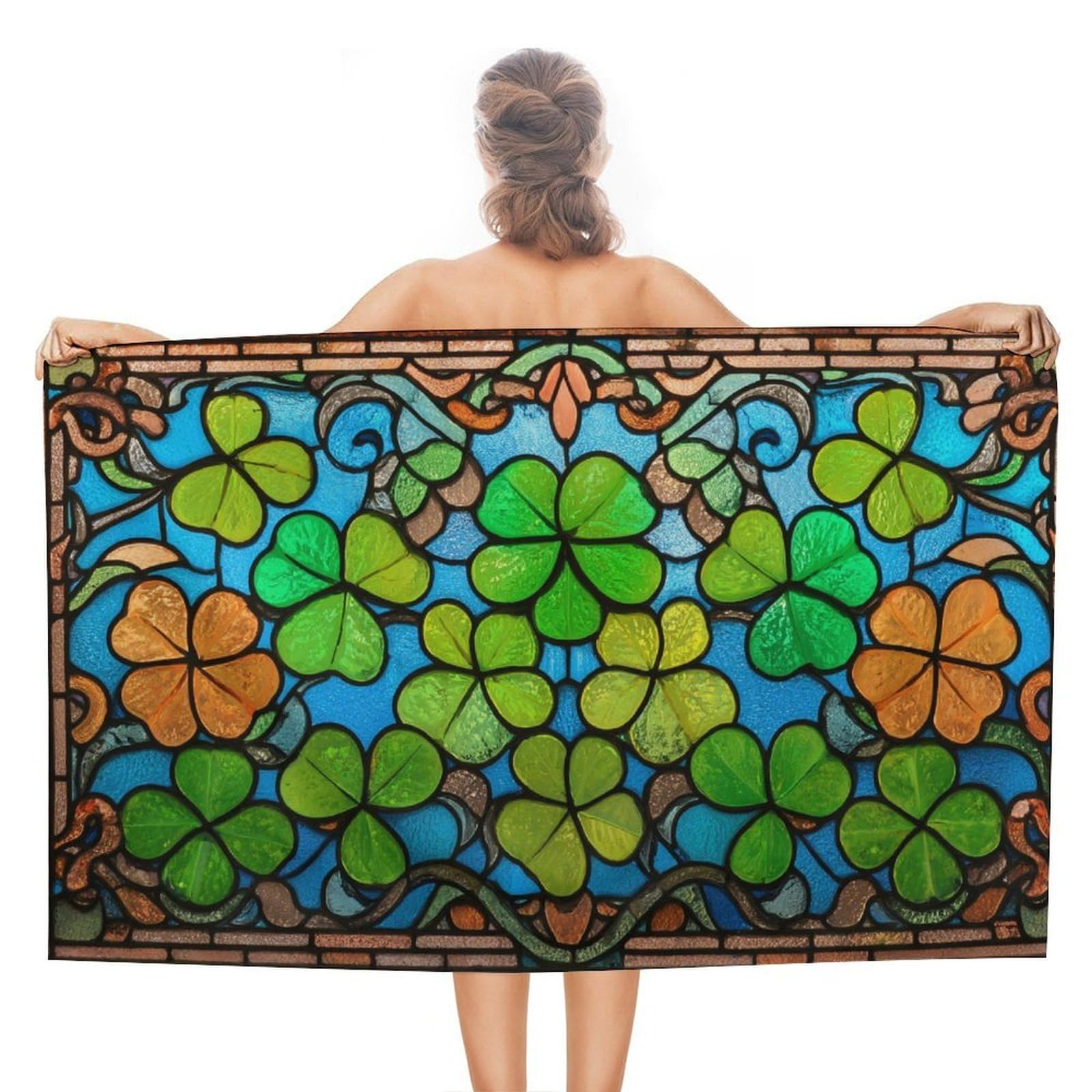 LSRCPD Stained Glass Vibrant Green Clover Leaves Beach Towel Sand Free Microfiber Large Shower Towels Multipurpose Absorbent for Bathroom Pool 130x80 CM