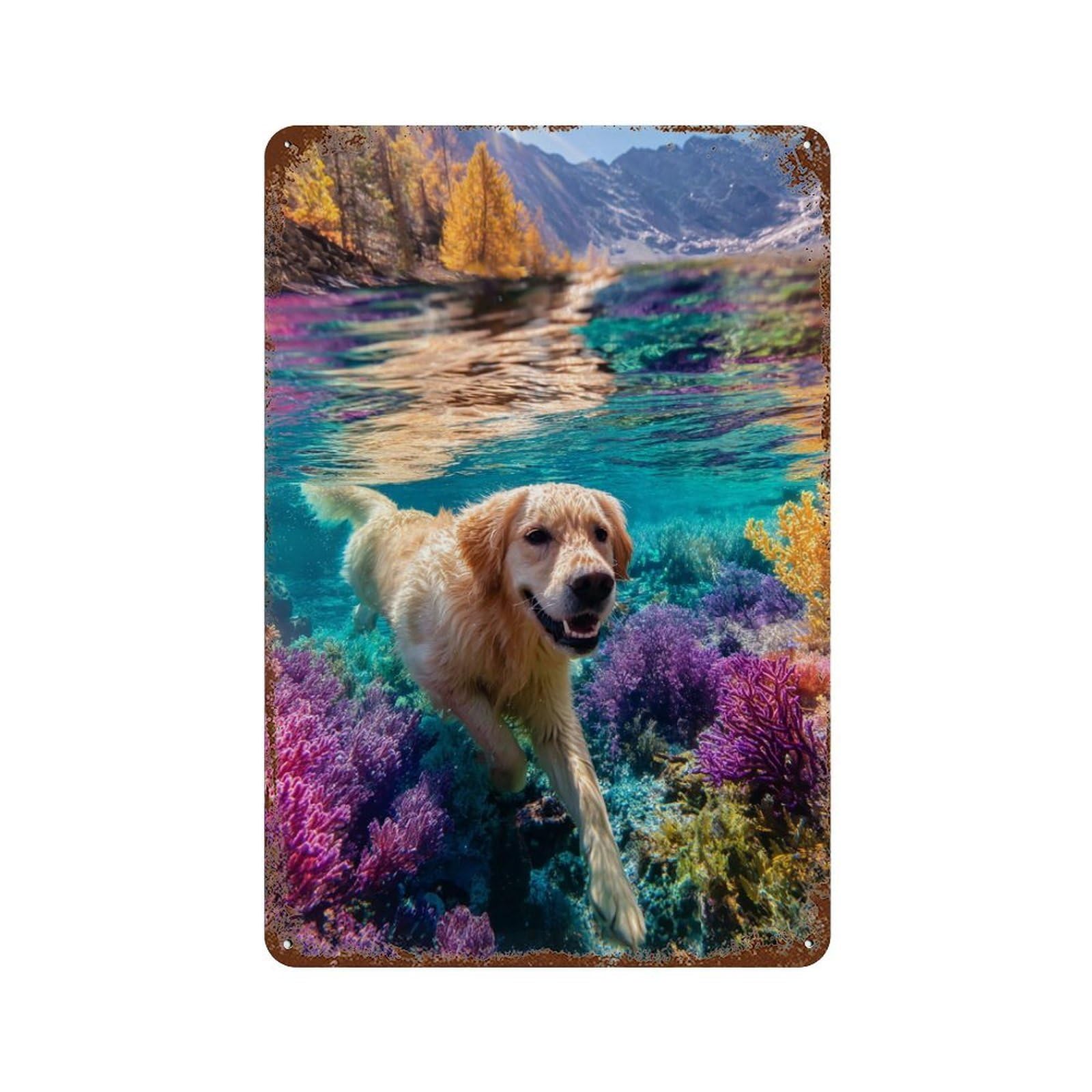 Garage Style Golden Retriever Swimming in Coral Reef Distressed Metal Wall Sign 11.8"x7.9", Rustic Home Decor for Bar And Workshop