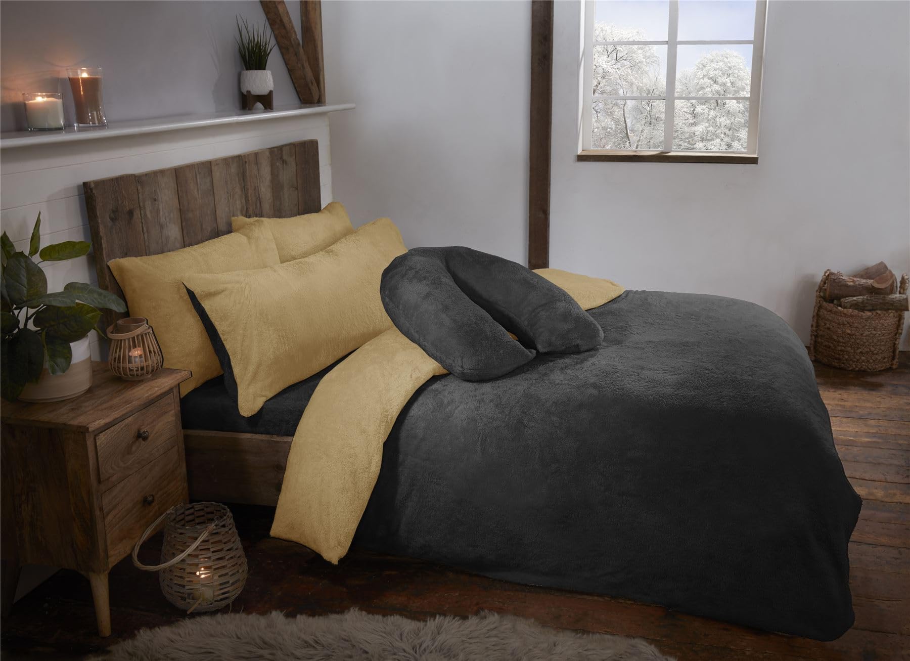 Littens Luxury Charcoal Grey & Ochre Yellow Reversible Teddy Fleece Fur Soft Cosy Superking Bed Size Duvet Quilt Cover Set Including Pillowcases, Thermal Warm, Energy Efficient (260cm x 220cm) โ image 1