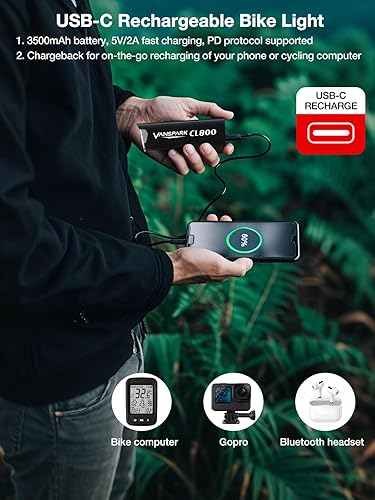 Miniatura 8 de VANSPARK CL800 Bike Lights, Max 1000 Lumens Bike Headlight with Cut Off Beam, 3500mAh USB-C Rechargeable Bicycle Light, CNC-Machined Aluminum Body