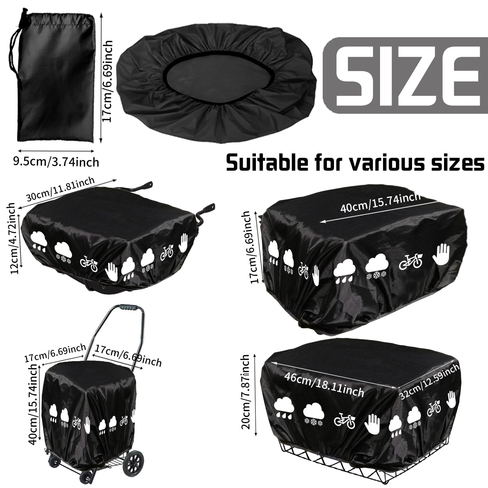 Copertura Antipioggia, Cestino Bicicletta Anteriore, Cestino Bicicletta Posteriore, 46x32x20 cm, Copertura Antipioggia Per Cestino Bici Con Strisce Riflettenti