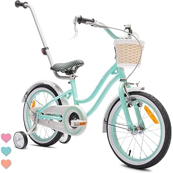 Sun Baby Heart Bike Girls' Bicycle 12/14/16 Inch with Stabilisers Removable Push Bar Basket Bell Coaster Brake & V-Brake for Children from 2 Years