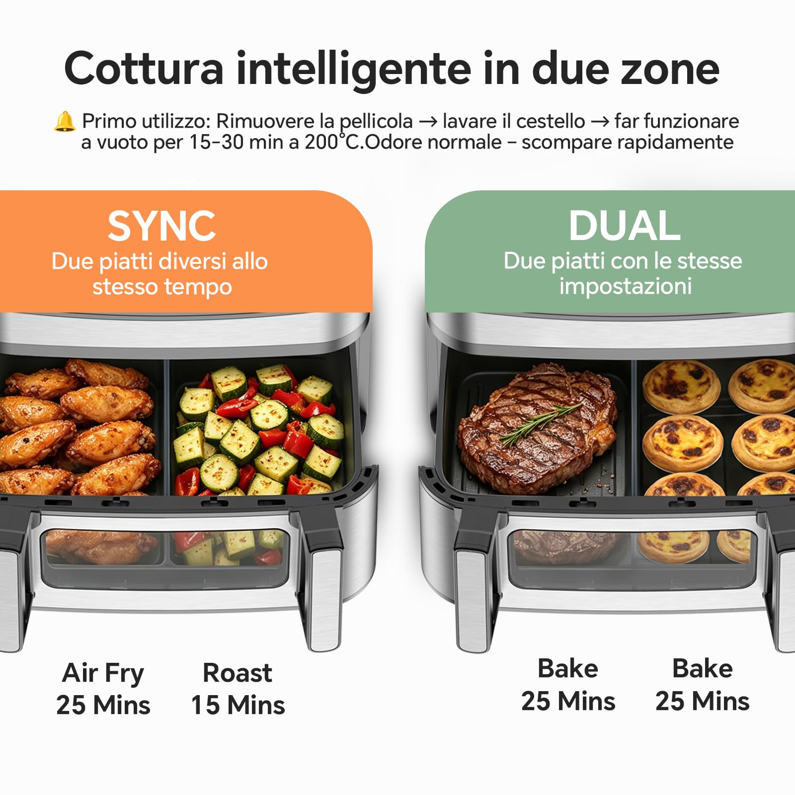 Friggitrice ad Aria 12 Litri - Doppia Resistenza Airfryer, 2600W XXL Doppio Cestello Air Fryer, Flessibile 1 o 2 Zone, 13-in-1 con Schermo Touch, Finestra con Luce Interna, Grande per 4–7 Persone