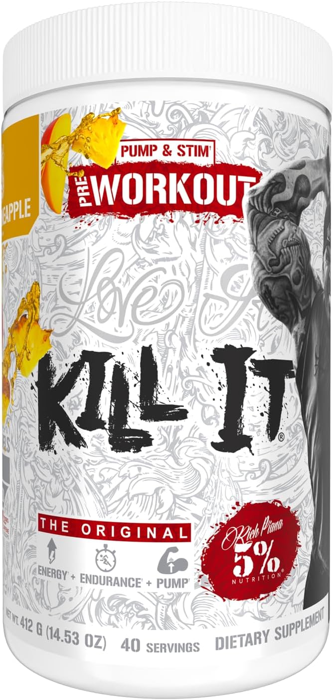 5% Nutrition Rich Piana Kill It Pre Workout Powder w/Creatine, Caffeine, Beta Alanine, Hydroprime Glycerol for Pump, Strength, Endurance | 14.11 oz, 40 Srvgs (Mango Pineapple)