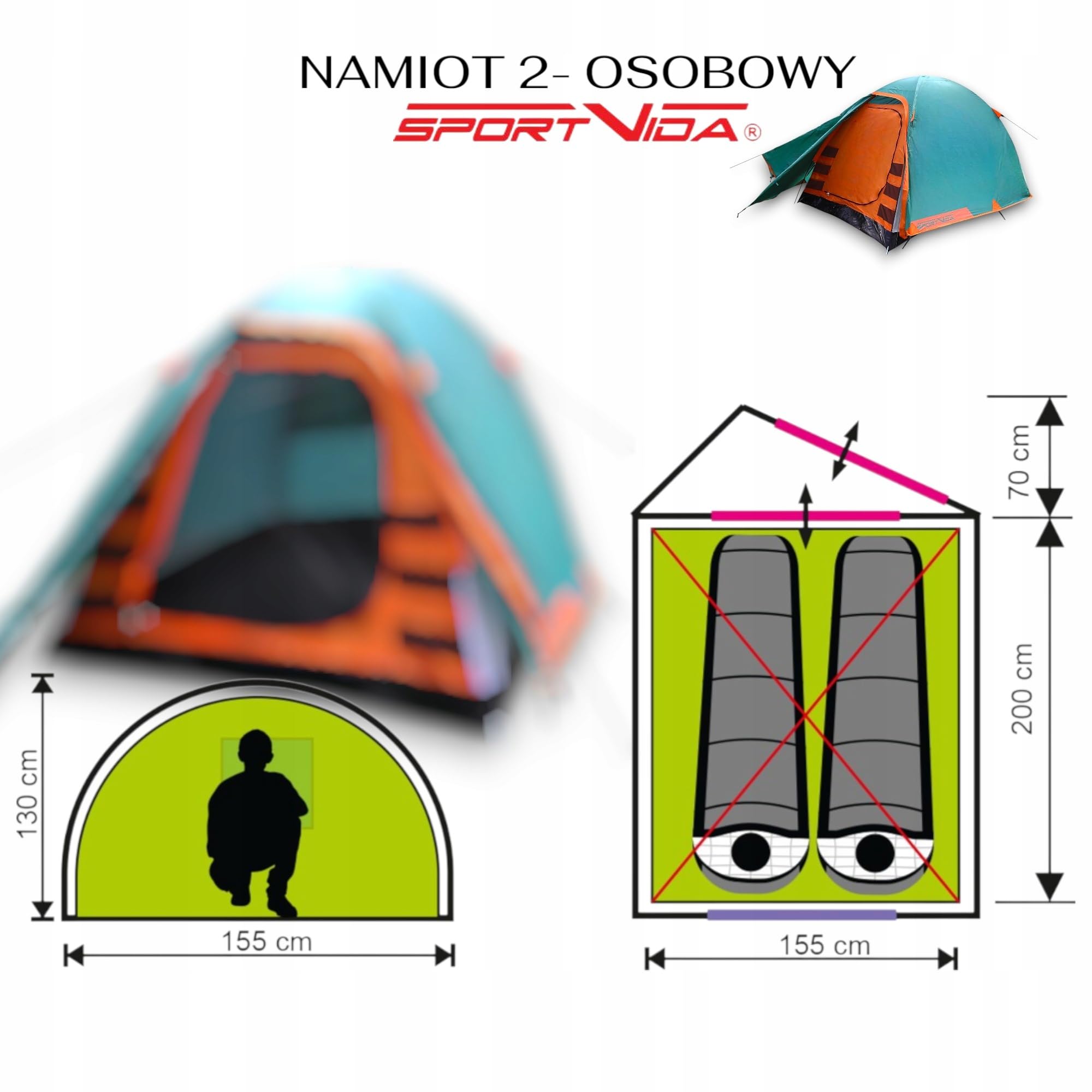 NAMIOT 2 OSOBOWY KEMPINGOWY WODOODPORNY 4000mm TROPIK MOSKITIERY SPORTVIDA