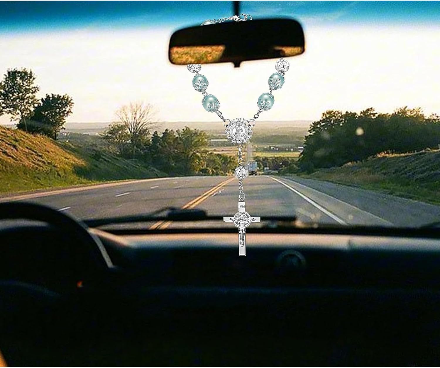 2PCS Car Rosary for Rearview Mirror Personalized Cross Blessing, Blue image 5