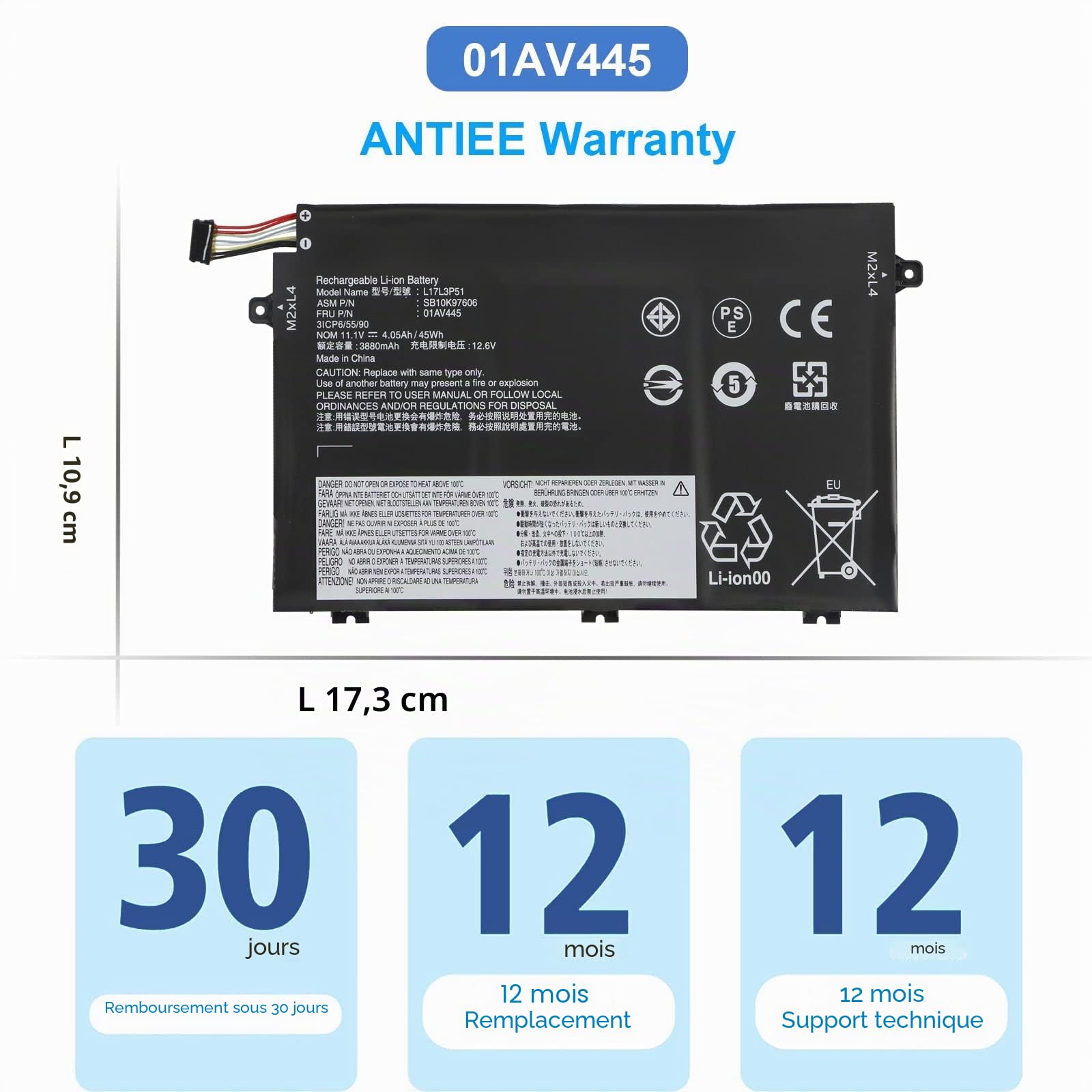 01AV445 L17L3P51 Batterie Compatible with Lenovo ThinkPad E480 E490 E485 | E495 E580 E585 E590 E595 E14 E15 Series SB10K97606 SB10K97608 01AV447 01AV448 L17C3P51 L17M3P52 SB10K97609 11.1V 45Wh