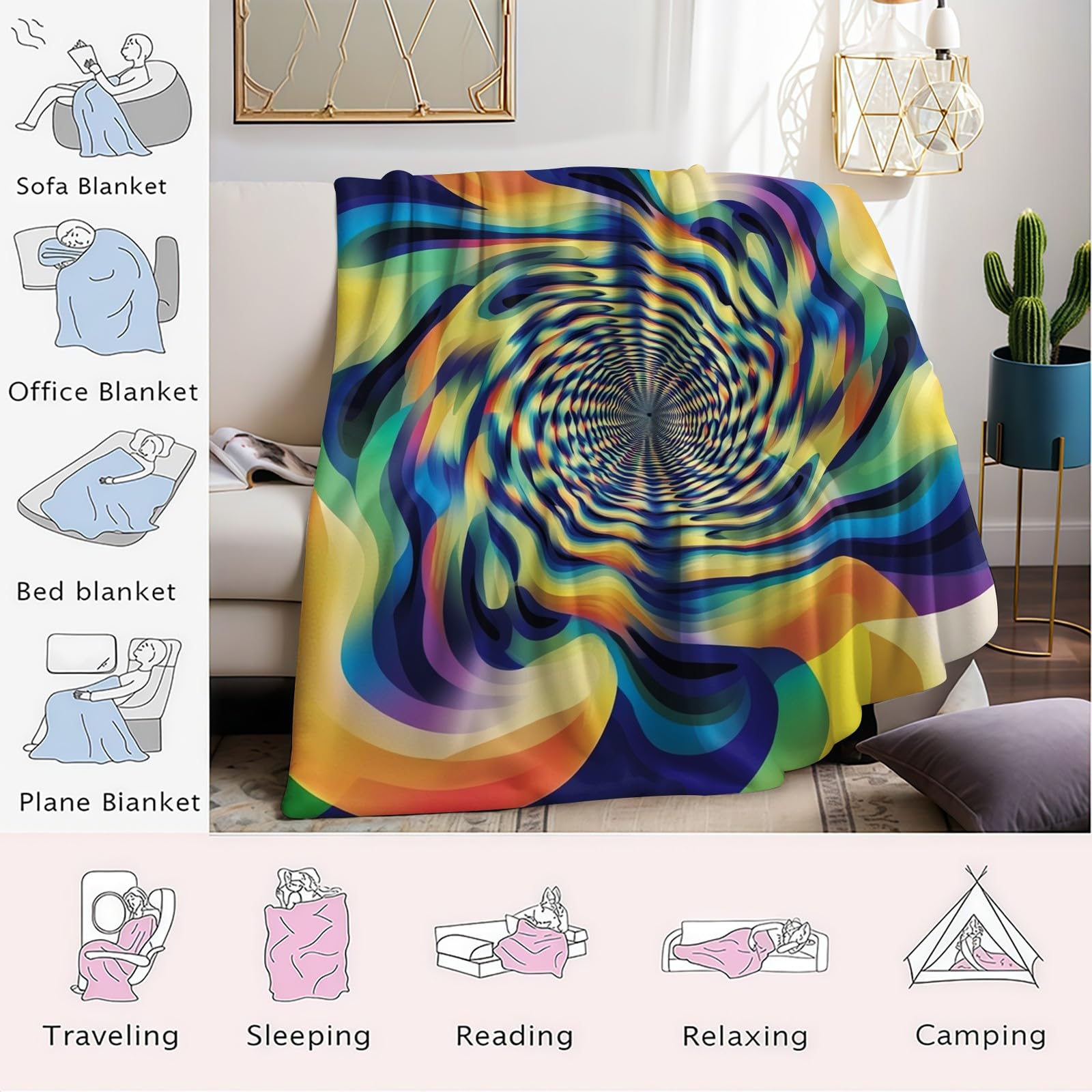 Coperta 220 x 240 cm Schema astratto rotante Plaid Pile Flanella Morbido Caldo Coperta Decorativa per Letto Divano Ufficio Adolescenti e Adulti, giallo