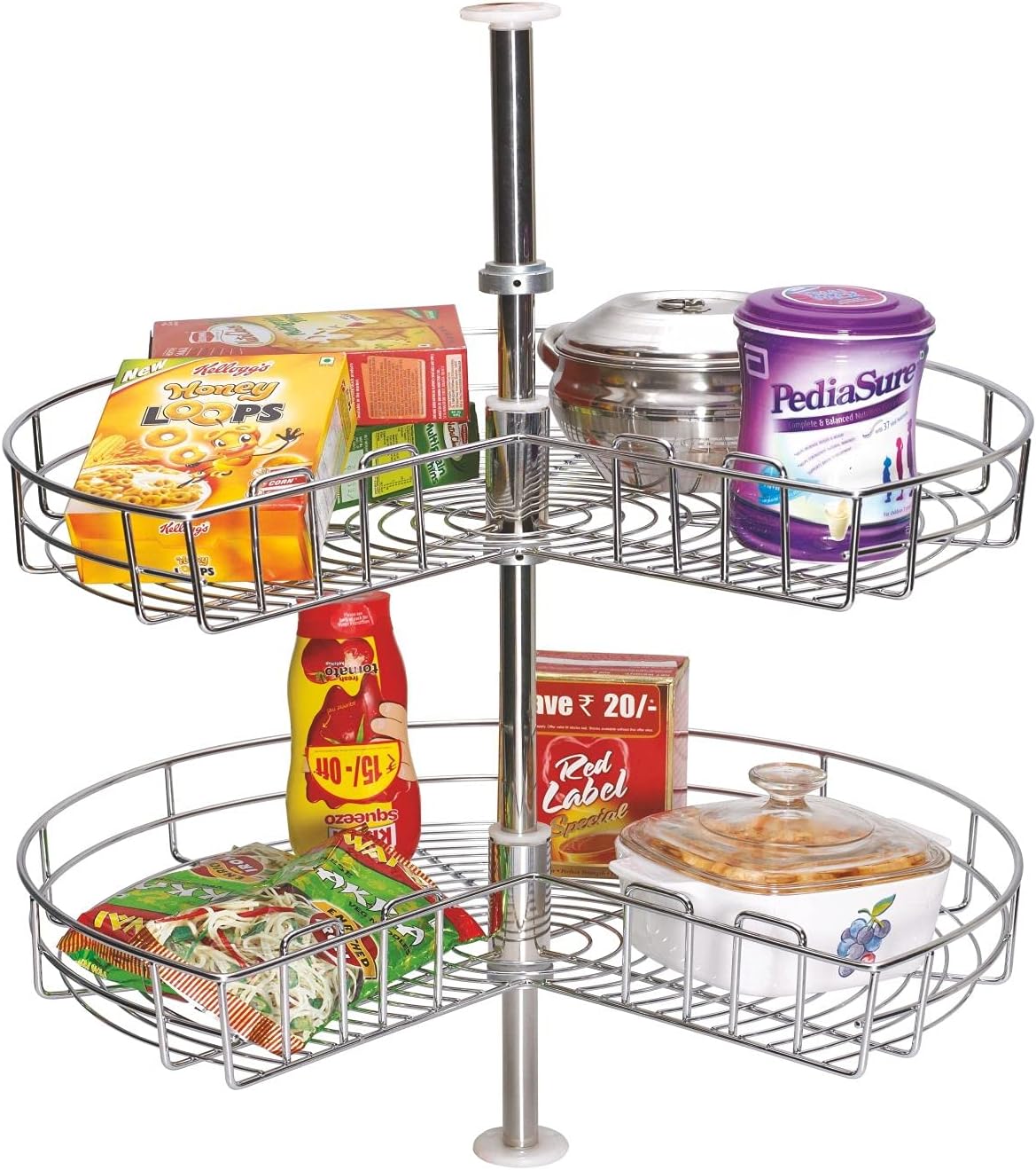 Stainless Steel 2 Shelf Kitchen Corner Cabinet Organizer/Modular Kitchen Basket / Multifunctional Storage Rack / Adjustable Height Kitchen Carousel Unit (Carousel 20 Inch)