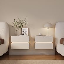Homary Lumio Bedside Table Set of 2 Floating Bedside Tables with 2 Drawers Wall Mounted Bedside Table with LED Lighting and Charging Station Ideal as a Bedside Table Hanging in the Bedroom in White Set of 2