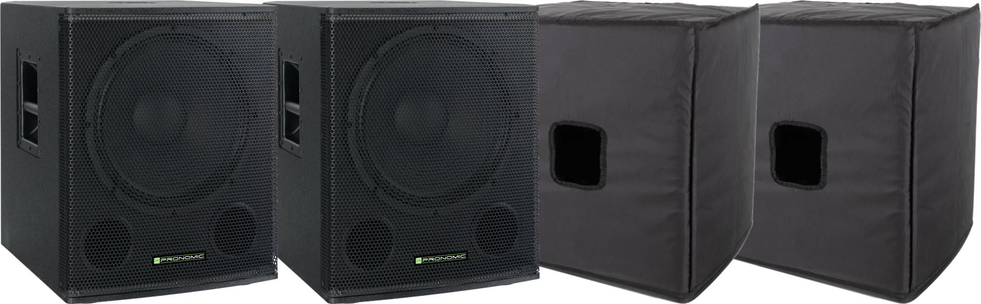 Pronomic SA-18 SUB Aktiv Subwoofer + Cover 2X Set - 2X 600 Watt Leistung - 18" Lautsprecher mit 2,5" Schwingspule - Frequenzbereich: 26-120 Hz - Max. SPL: 126 dB - inklusive Schutzhüllen