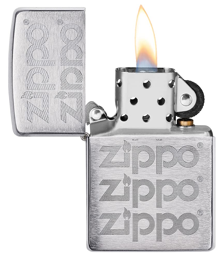 Zippo Encendedor a Prueba de Viento - Diseño de Logo - Grabado Automático en Acabado Cromo Cepillado - Recargable - Reutilizable - Diseño a Prueba de Viento - Caja de Regalo - Hecho en EEUU