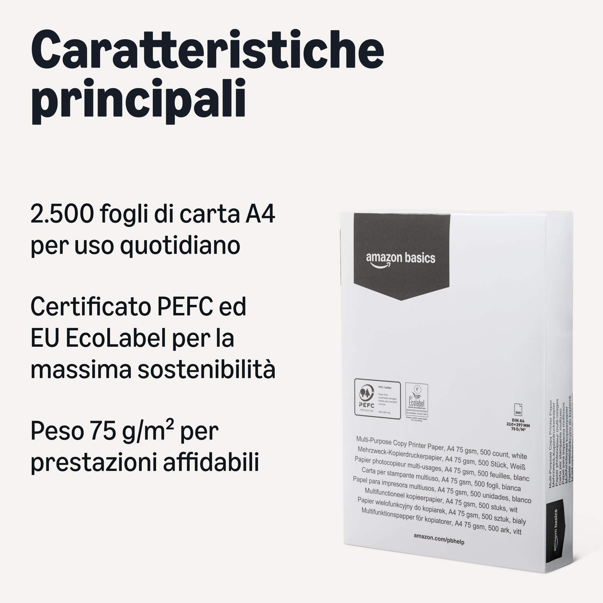 Amazon Basics Carta Multiuso A4 75g/m2 2500 Fogli 5 Risme Bianco