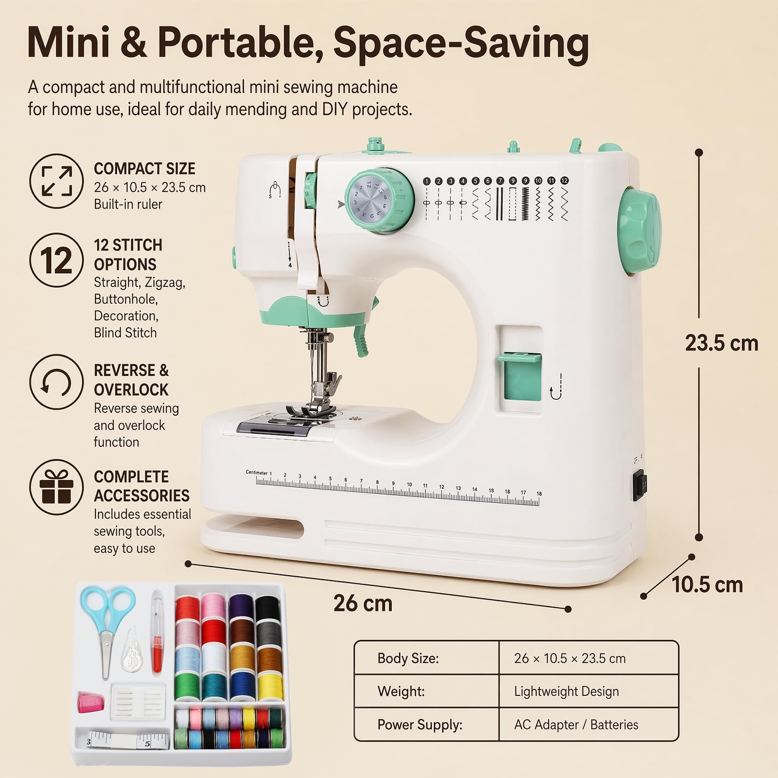 Macchina da cucire portatile, 12 punti, macchina da cucire elettrica per bambini e adulti, con accessori da cucito, ideale per riparazioni rapide e fai da te (verde)