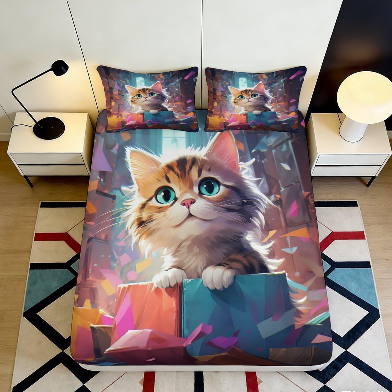 3D Printed Cute Cat Fitted Sheet Microfiber Soft Breathable Cartoon Kitten Bed Cover for Bedroom Dormitory Guest Room Mattress Protection Decor 120x200x25cm