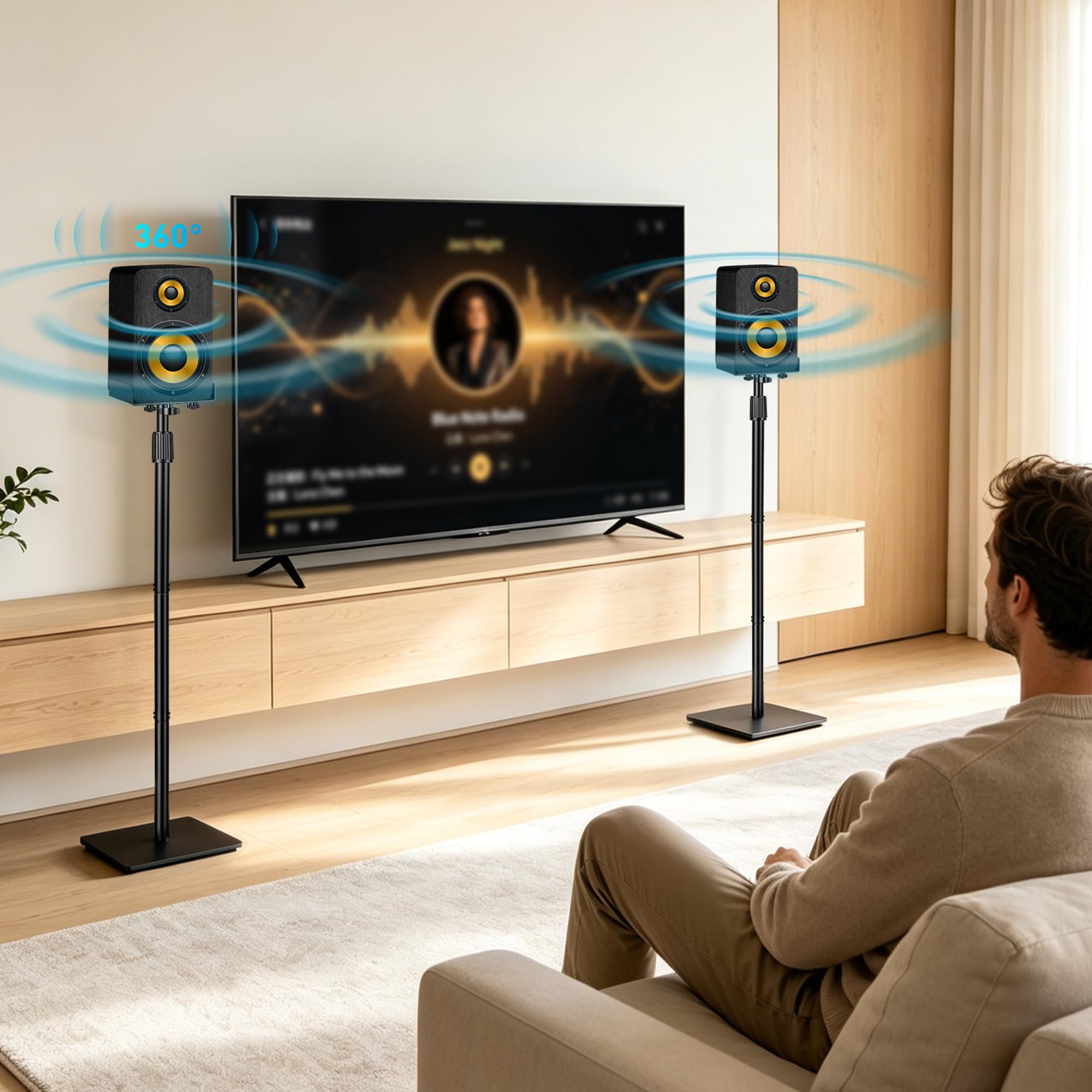 Confezione da 2 supporti per altoparlanti regolabili in altezza,115-140CM | Supporto da pavimento con sistema di gestione dei cavi, supporto universale per diffusori Sony, JBL, Bose