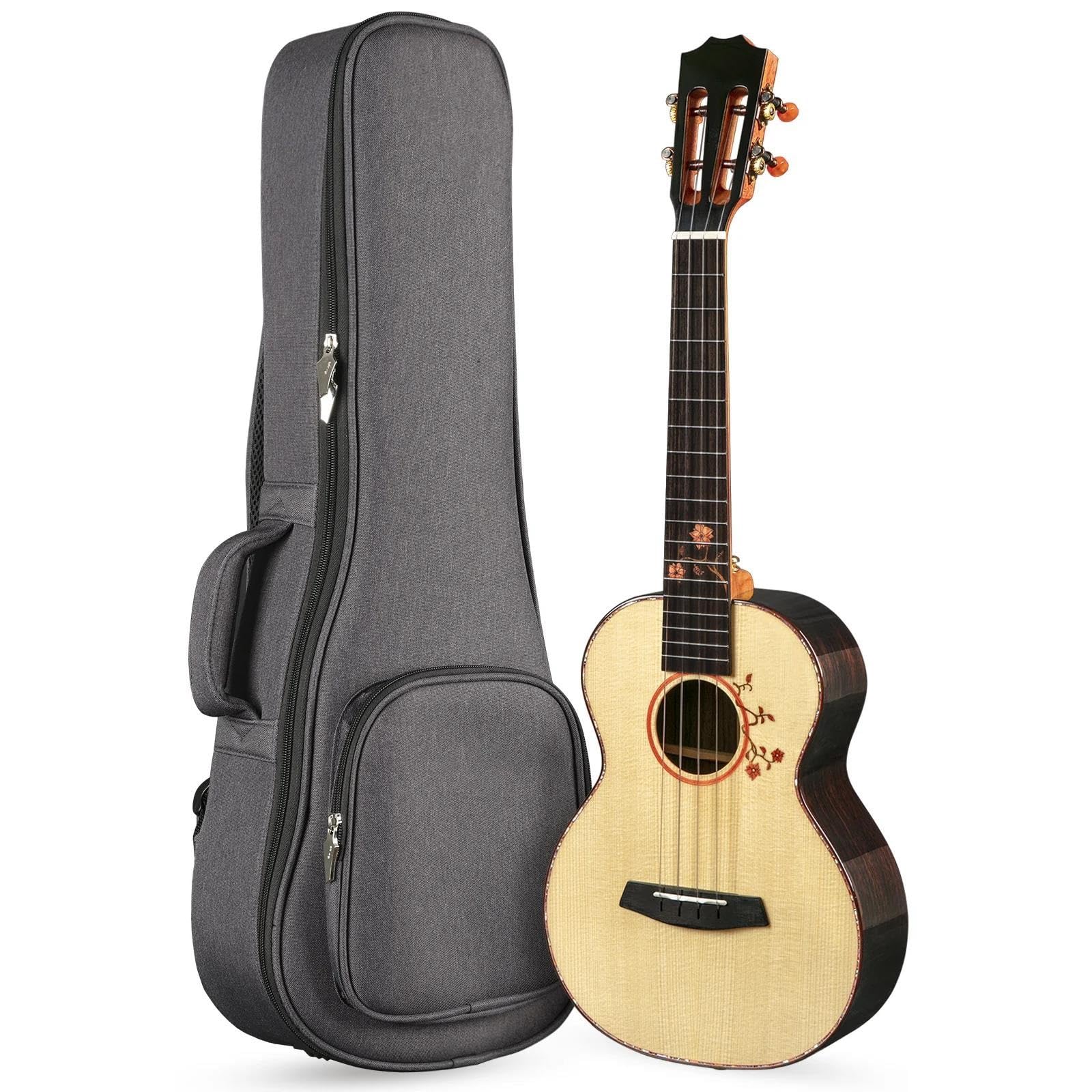 Profesjonalne ukulele Ukulele Koncertowe Z Litego Świerku, Tył I Boki Z Litego Palisandru Ukelele O Wysokim Połysku Z Torbą Koncertową Premium Tenor Uku(Uku Pickup,23)