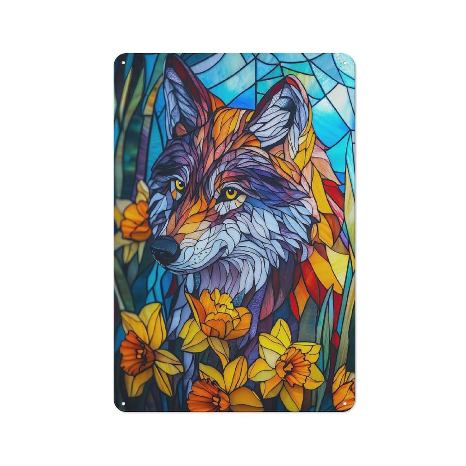 Junmoney Wolf Stained Glass Retro Tin Sign 30X20cm For Lounge Or Reading Corner, Gift For Lounge Decor Fans During The Christmas Season