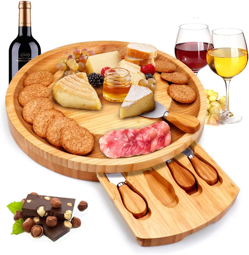 Bamboo Cheese Board Set with Cheese Tools and and Cutlery In Slide-Out Drawer - Including 4 Stainless Steel Knife and Serving Utensils