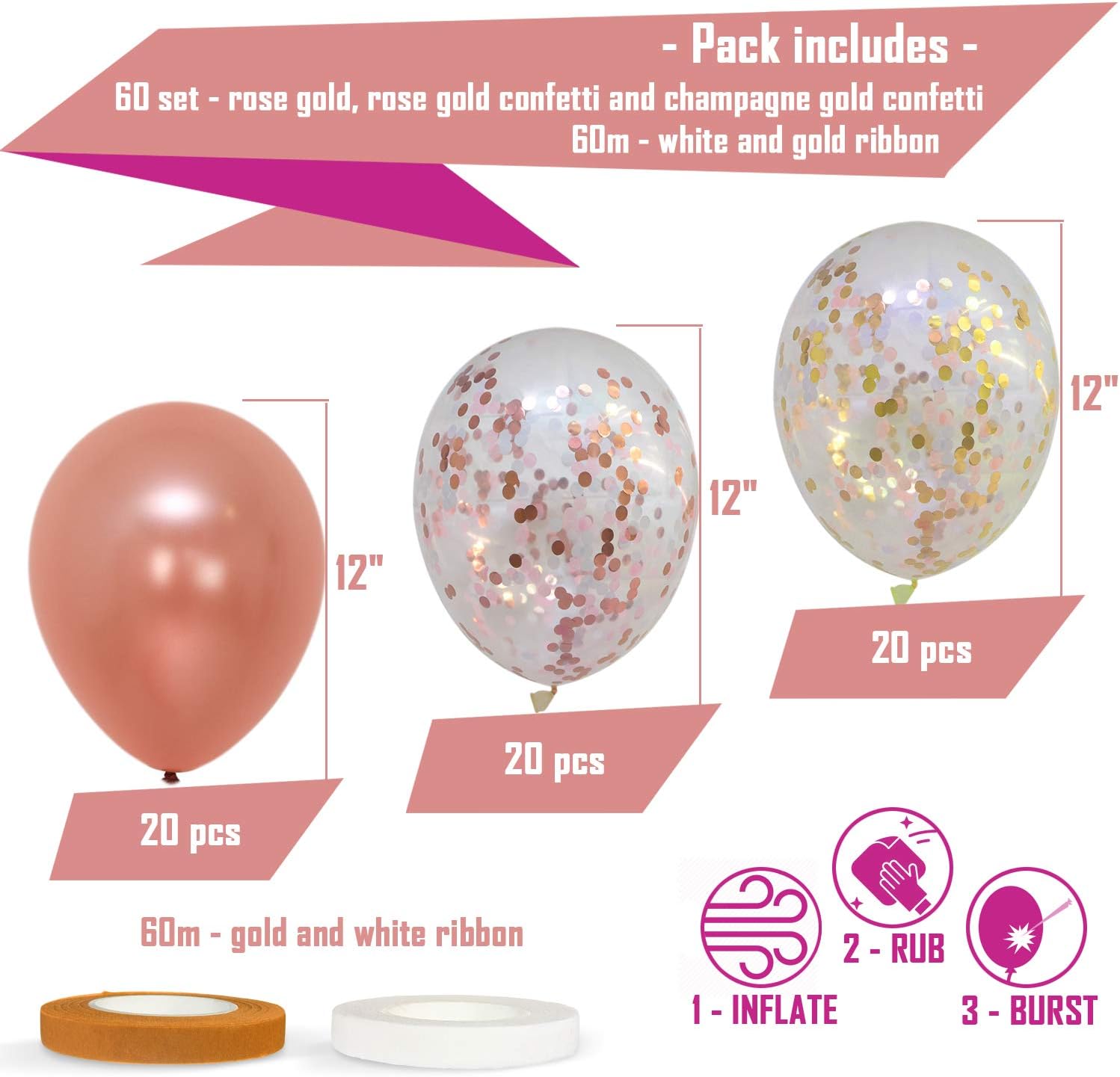 60 PACK Dandy Decor Rose Gold Balloons + Confetti Balloons w/Ribbon | Rosegold Balloons for Parties | Bridal & Baby Shower Balloon Decorations | Latex Party Balloons | Graduation, Engagement, Wedding