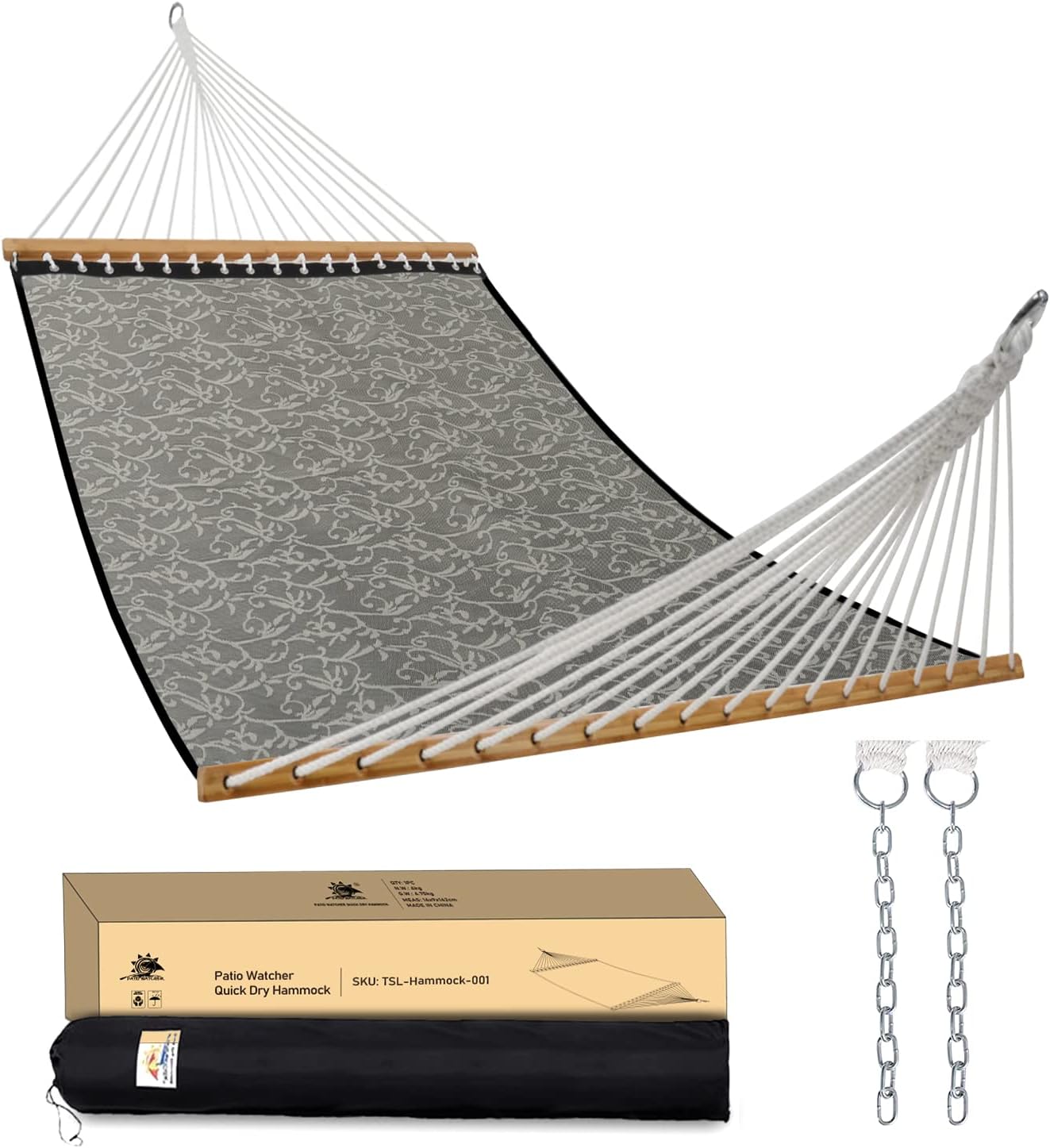 Patio Watcher 14 FT Quick Dry Hammock with Double Size Solid Wood Spreader Bar Outdoor Patio Yard Poolside Beach Hammock with Chains, Waterproof and UV Resistance, 2 Person 450 Pound Capacity