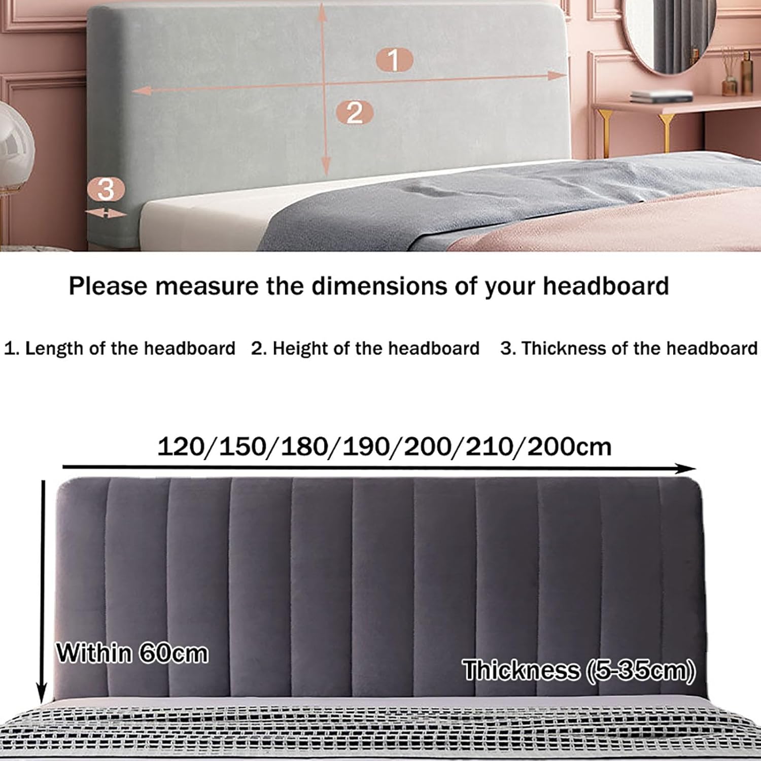 Velvet Bed Headboard Covers,Plush Upholstered Stretch Bed Head Cover,All-Inclusive Bedside Protection Dustproof Bed Head Cover,for Queen King Full King(Medium Gray,74.8in)